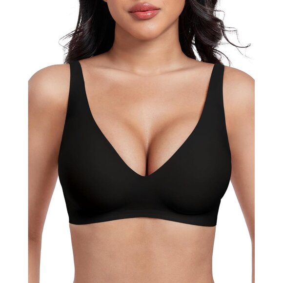 🆕Women Elegant Black Nylon Deep V Wireless Bra Bralette Adjustable No Underwire - Picture 1 of 6